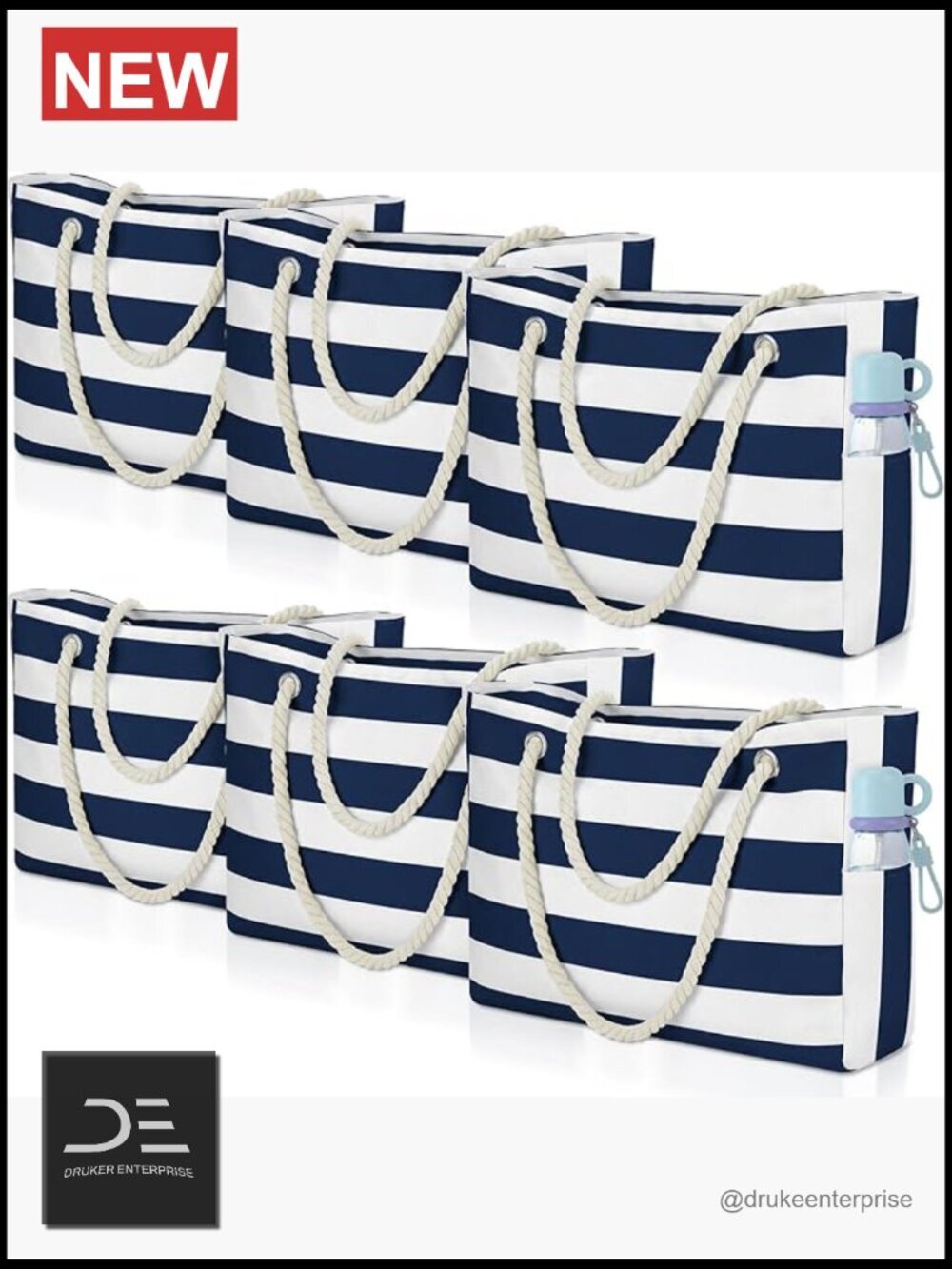 Large Striped Beach Tote with Zipper, Waterproof & Sandproof, Canvas, Shoulder